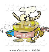Vector of a Happy Cartoon Chef Monster Wearing a "Kiss the Cook" Apron by Toonaday