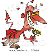 Vector of a Happy Cartoon Devil with Candy, Flowers, and Love Hearts by Toonaday