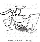 Vector of a Happy Cartoon Dog Typing at a Computer - Coloring Page Outline by Toonaday
