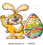 Vector of a Happy Cartoon Easter Bunny Waving Hello Beside a Painted Egg by Zooco