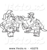 Vector of a Happy Cartoon Family Huddling Together While Going over a Football Play Book - Coloring Page Outline by Toonaday