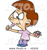 Vector of a Happy Cartoon Girl Eating Pink Yogurt by Toonaday