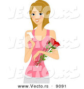 Vector of a Happy Cartoon Girl Holding Red Roses While Reading a Note by BNP Design Studio