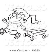 Vector of a Happy Cartoon Girl Pulling a Wagon - Coloring Page Outline by Toonaday
