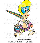 Vector of a Happy Cartoon Girl Running to the Beach with Umbrella, Bucket, and Swim Gear by Toonaday