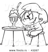 Vector of a Happy Cartoon Girl Sitting with a Ice Cream Sundae at a Table - Coloring Page Outline by Toonaday