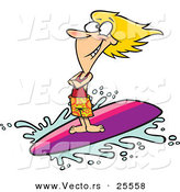 Vector of a Happy Cartoon Girl Surfing Wave on Surfboard by Toonaday