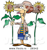 Vector of a Happy Cartoon Girl with a Green Thumb Standing Beside Tall Sunflowers in a Garden by Toonaday