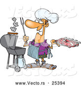 Vector of a Happy Cartoon Man Cooking Barbeque Ribs with an Outdoor Propane Grill by Toonaday