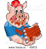 Vector of a Happy Cartoon Pig Eating Tasty Ribs Covered with BBQ Sauce by LaffToon