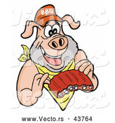 Vector of a Happy Cartoon Pig Holding BBQ Ribs While Smiling by LaffToon