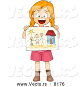 Vector of a Happy Cartoon School Girl Sharing a Drawing of Her Family and Home by BNP Design Studio
