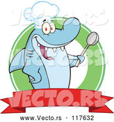 Vector of a Happy Cartoon Shark Chef Character Holding a Spoon over a Banner by Hit Toon