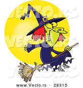 Vector of a Happy Cartoon Witch on Her Broomstick Flying in Front of the Moon During Halloween by Toonaday