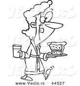 Vector of a Happy Cartoon Woman in a Robe, Licking Her Lips and Carrying Milk and Cake - Coloring Page Outline by Toonaday
