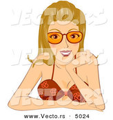 Vector of a Happy Dirty Blond Girl Wearing a Bikini and Glasses While Resting Her Face on Her Hand at a Table by BNP Design Studio