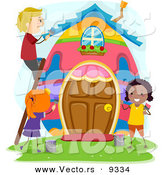 Vector of a Happy Kids Painting a Big Easter Egg House by BNP Design Studio