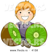 Vector of a Happy Red Haired Boy Sitting with a Halved Giant Kiwi by BNP Design Studio