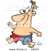 Vector of a Happy Shirtless Cartoon Man Running with Swim Trunks on by Toonaday