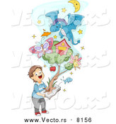Vector of a Happy White Boy Holding a Pop up Book with Items Emerging from the Pages by BNP Design Studio