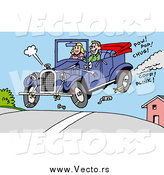 Vector of a Happy White Man and Woman Catching Air in Their Convertible Antique Car, Pieces of It Falling off by LaffToon