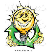Vector of a Happy Yellow Light Bulb Character Holding Renewable Solar Energy Arrows by Chromaco