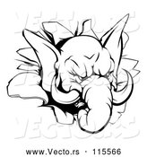 Vector of a Hostile Elephant Mascot Ferociously Breaking Through a Wall - Black Lineart by AtStockIllustration