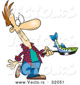 Vector of a Hungry Man Cooking Fish in a Pan - Cartoon Style by Toonaday