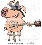 Vector of a Intelligent Cartoon Blues Pig Musician Playing a Guitar with a Big Smile on His Face by Toonaday