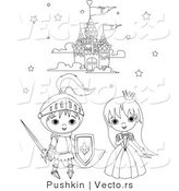 Vector of a Knight and Princess Kids Beside a Castle - Coloring Page by Pushkin