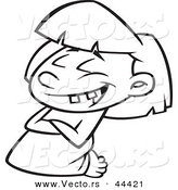Vector of a Laughing Cartoon Girl Kneeling in Prayer - Coloring Page Outline by Toonaday