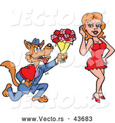 Vector of a Loving Cartoon Wolf Offering Flowers and a Love Heart Candy Box to a Pretty Girl by LaffToon