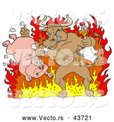 Vector of a Mad Cartoon Bull Choking a Chicken and Holding a Pig While Standing in Hot Fire by LaffToon