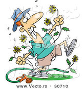 Vector of a Mad Cartoon Man Killing Dandelion Weeds by Toonaday