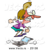 Vector of a Mad Cartoon Woman Jumping on a Broken Laptop Computer by Toonaday