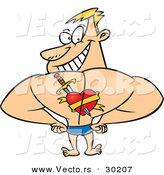 Vector of a Masculine Cartoon Man Showing off a Love Heart Tattoo on His Back by Toonaday