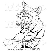 Vector of a Muscular Cartoon Fox Man Mascot Aggressively Punching in Black Lineart by AtStockIllustration