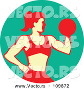Vector of a Muscular Woman Working out with a Dumbbell and Doing Bicep Curls in a Turquoise Circle by Patrimonio