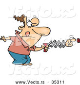 Vector of a Nervous Cartoon Man Using a Spring Hand Extention to Push a Red Button by Toonaday