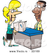 Vector of a Pleasent Black Man Helping Smiling White Woman with Package at a Shipping Center - Cartoon Style by Toonaday