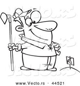 Vector of a Proud Cartoon Man Standing with a Hoe over Planted Carrots - Coloring Page Outline by Toonaday