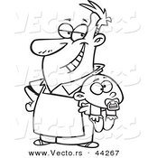 Vector of a Proud Cartoon Stay at Home Dad Holding a Baby - Coloring Page Outline by Toonaday