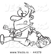 Vector of a Running Cartoon Male EMT with a First Aid Kit - Coloring Page Outline by Toonaday
