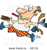 Vector of a Rushed Cartoon Man Brushing His Teeth While Running and Trying to Get Dressed by Toonaday