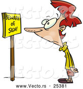 Vector of a Scared Cartoon Woman Reading "Beware of Sign" Sign by Toonaday