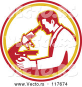 Vector of a Scientist Guy Using a Microscope in a White Orange and Red Circle by Patrimonio