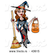 Vector of a Sexy Cartoon Witch Holding a Trick-Or-Treat Candy Bag and Broom by LaffToon