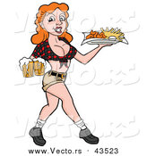 Vector of a Sexy Red Haired Caucasian Breastaurant Waitress Serving Beer and Fries by LaffToon