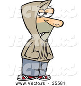 Vector of a Shady Cartoon Homeless Man Wearing a Hoodie While Grinning and Standing with His Hands in Pockets by Toonaday