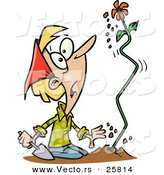 Vector of a Shocked Cartoon Female Gardener Watching a Flower Grow out of the Ground Fast by Toonaday